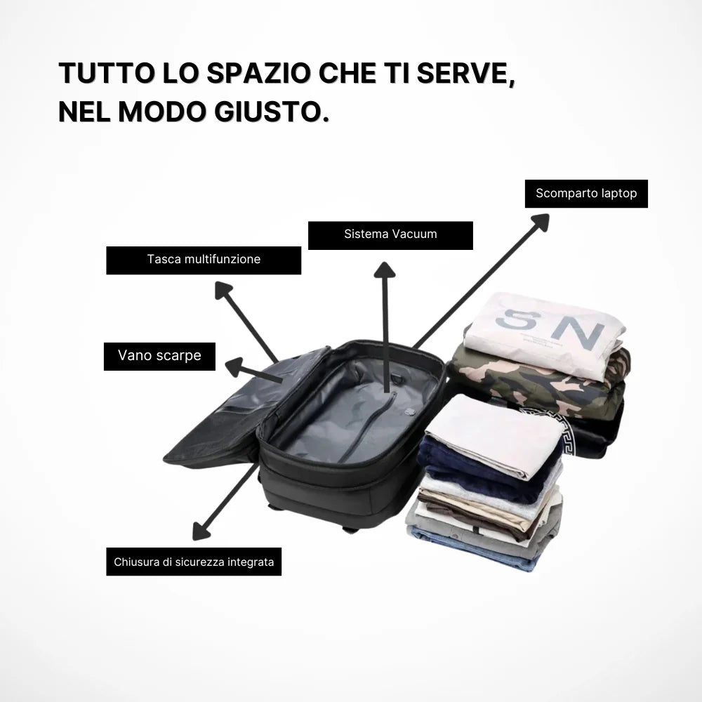 Zaino salvaspazio con compressione sottovuoto